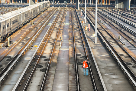 train railway station terminal at sunsetのeditorial素材