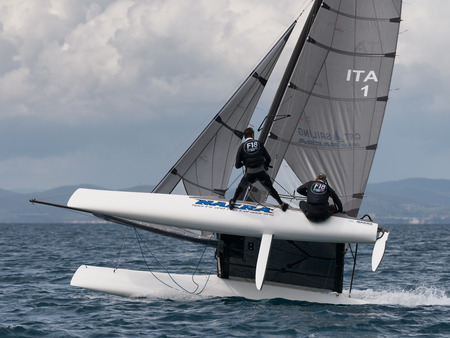 PUNTA ALA - 3 JUNE: teams competing on Formula 18 national catamaran race, on June 3 2016 in Punta Ala, Italyのeditorial素材