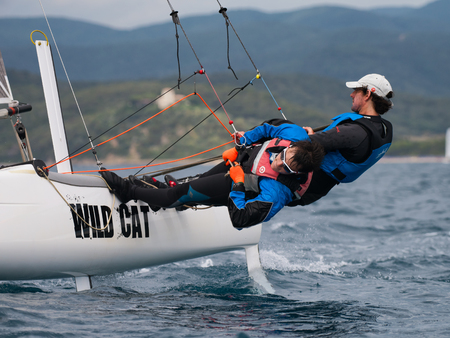 PUNTA ALA - 3 JUNE: teams competing on Formula 18 national catamaran race, on June 3 2016 in Punta Ala, Italyのeditorial素材