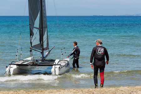 PUNTA ALA - 3 JUNE: teams competing on Formula 18 national catamaran race, on June 3 2016 in Punta Ala, Italyのeditorial素材
