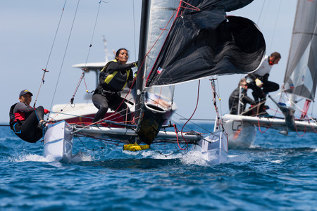 PUNTA ALA - 3 JUNE: teams competing on Formula 18 national catamaran race, on June 3 2016 in Punta Ala, Italyのeditorial素材