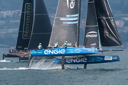 MALCESINE, ITALY - JULY 10: race canceled on the last day of GC32 Malcesine cup competition, during the foiling week 2016 on Garda lake. on july 10, 2016 in Malcesine, Italy.のeditorial素材