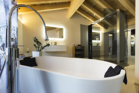 luxury bathroom with bathtub and wood ceilingの写真素材