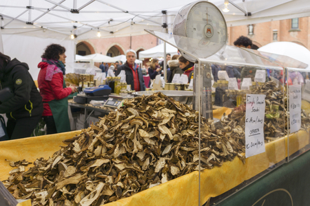 Alba, Italy - November 4, 2018: Tourists at the Truffle mushrooms fair and street market of Alba, Piedmont.のeditorial素材