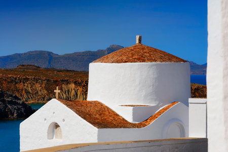 Lindos on island of Rhodes, Greece. Chapel of Saint George Pachymachiotisの写真素材