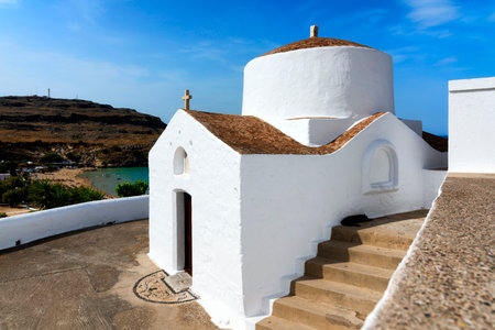 Lindos on island of Rhodes, Greece. Chapel of Saint George Pachymachiotisの写真素材
