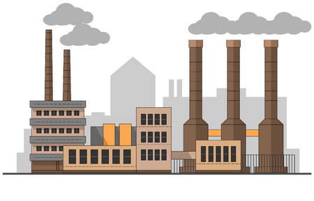 Industrial factory landscape. Vector flat illustration. Background plants. Pipes with smoke. Painting. Editable.のイラスト素材