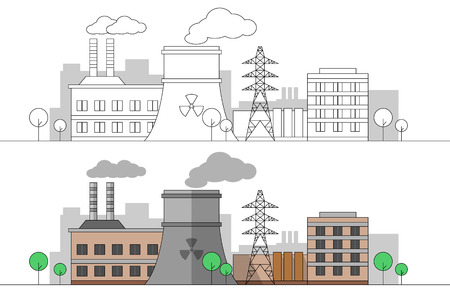 Industrial factory with nuclear station and power line. Vector flat and linear illustration. Colouring. Painting. Editable. Landscape. Pipes with smoke.のイラスト素材
