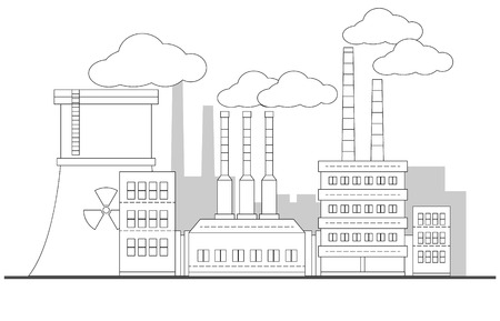 Industrial contour factory with nuclear station landscape. Vector linear illustration. Painting. Editable. Background. Pipes with smoke. EPS10のイラスト素材