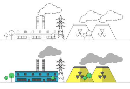 Industrial factory with two yellow nuclear stations and power line. Vector flat and linear illustration. Landscape. Colouring. Painting. Pipes with smoke. EPS10のイラスト素材