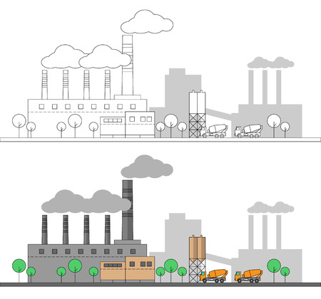 Industrial concrete factory and two trucks. Vector flat and linear illustration. Colouring. Painting. Editable. Landscape. Pipes with smoke. EPS10のイラスト素材
