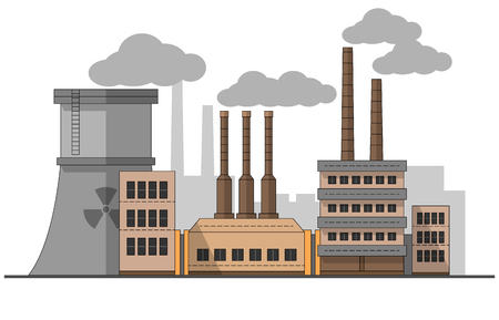 Industrial factory with nuclear station landscape. Vector flat illustration. Background. Pipes with smoke. Painting. Editable. EPS10のイラスト素材