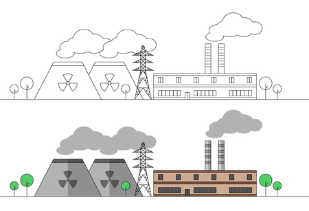 Industrial factory with two nuclear stations and power line. Vector flat and linear illustration. Colouring. Painting. Landscape. Pipes with smoke. EPS10のイラスト素材