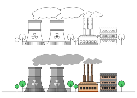 Industrial factory with two nuclear stations. Vector flat and linear illustration. Colouring. Painting. Editable. Landscape. Pipes with smoke. EPS10のイラスト素材