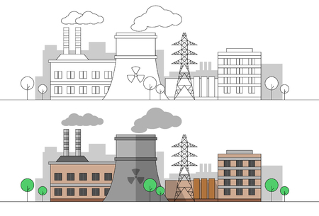 Industrial factory with nuclear station and power line. Vector flat and linear illustration. Colouring. Painting. Editable. Landscape. Pipes with smoke. EPS10のイラスト素材