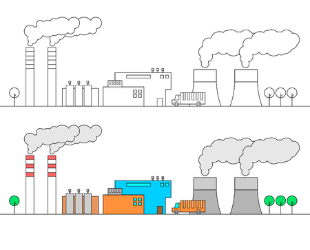 The industrial landscape. Different types of plants. Two long pipes. Two atomic reactor. Thin line style vector Illustration, isolated on white background. Editable strokes. Linear illustration. EPS10のイラスト素材