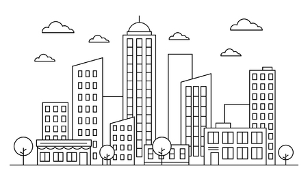Cityscape, urban landscape skyline concept with buildings, scyscrapers, trees and clouds. Vector illustration. Editable stroke. Outline version. Isolated on white background. EPS 10のイラスト素材