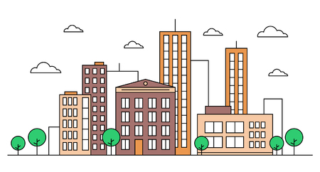 City street landscape skyline concept with buildings, scyscrapers, trees and clouds. Vector illustration. Editable stroke. Coloured version. Isolated on white background.のイラスト素材