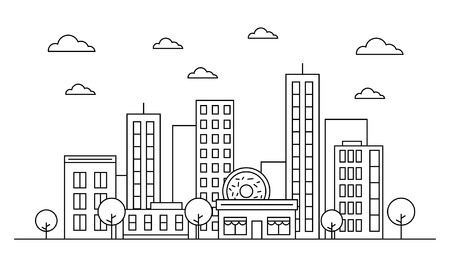 Outline city skyline landscape design concept with buildings, scyscrapers, donut shop cafe,clouds,trees. Vector, graphic illustration. Editable stroke. Isolated on white background.のイラスト素材