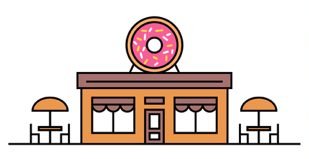 Donuts shop or cafe with two tables. Coloured vector flat illustration. Design. Signboard with big tasty donut with glaze. People eating in the restaurant. Bakery, cake, candy shop,windows, door EPS10のイラスト素材