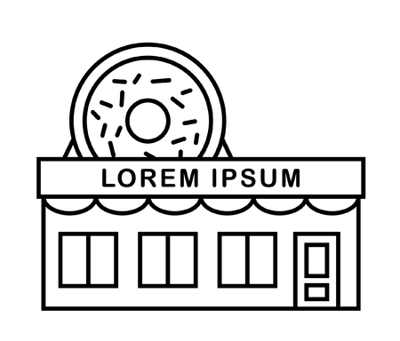 Donuts shop and cafe with signboard. Outline vector flat illustration. Contour. Big tasty donut with glaze on the roof. Bakery, cake, candy shop,three windows,door. EPS 10のイラスト素材