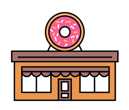 Donuts shop or cafe. Colourful, coloured vector flat illustration. Design. Signboard with big tasty donut with glaze. People eating in the restaurant. Bakery, cake, candy shop, windows, door. EPS 10のイラスト素材