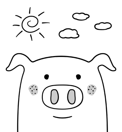 Doodle sketch Pig with sun and clouds illustration.Cartoon piglet vector. Doodle style. Domestic animal.White background.Postcard,napkin,poster design. Hand drawing.Good for print design,shirts.EPS10のイラスト素材