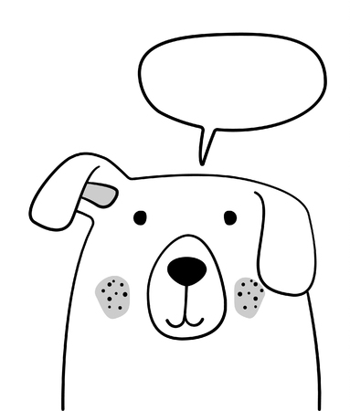 Doodle sketch Dog with chat cloud illustration. Cartoon dog with raised ear and talking bubble. Pet. Domestic animal. Postcard, poster design. Hand drawing. Good for print design, shirts. EPS 10のイラスト素材