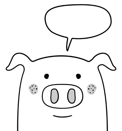 Doodle sketch Pig with chat cloud vector illustration. Cartoon piglet with talking bubble. Swine. Domestic animal. Postcard, poster, card design. Hand drawing. Good for print design, shirts. EPS 10のイラスト素材