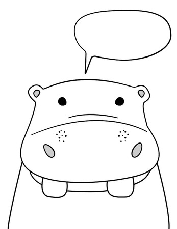 Doodle sketch Hippo with chat cloud illustration. Cartoon vector hippopotamus with talking bubble. Wild mammal animal. Postcard, poster design. Hand drawing. Good for print design, shirts. EPS 10のイラスト素材