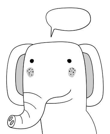Doodle sketch Elephant with chat cloud vector illustration. Cartoon. Talking bubble. White. Wild mammal animal. Postcard, poster, card design. Hand drawing. Good for print design, shirts. EPS 10のイラスト素材