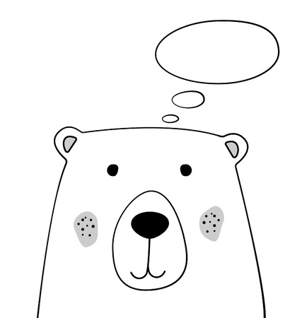 Doodle cartoon bear with thought cloud illustration. Teddy bear thinking. Doodle style. Thought bubble. Wild animal. Postcard, poster, card design. Hand drawing. Good for print design, shirts. EPS 10のイラスト素材