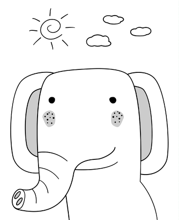 Doodle sketch Elephant with sun and clouds illustration.Cartoon vector. Doodle style. Wild mammal animal.White background.Postcard,napkin,poster design. Hand drawing.Good for print design,shirts.EPS10のイラスト素材