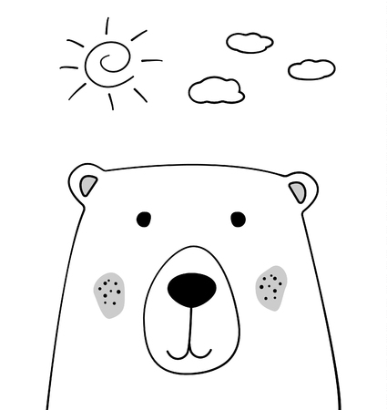 Doodle cartoon sketch bear with sun and clouds illustration. Teddy bear vector. Sky background. Wild animal. Postcard, poster, card design. Hand drawing. For print design, shirts, napkin.のイラスト素材