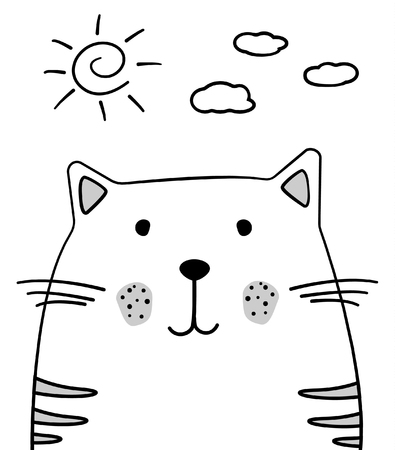 Doodle sketch Cat with sun and clouds illustration. Cartoon vector cat. Doodle style. Pet. Domestic animal. Postcard, poster design. Hand drawing. Good for print design, shirts.のイラスト素材