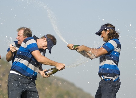 Johan Edfors and Henrik Stenson celebrate the European win over Asia at the Royal Trophy competition at Black Mountain in Hua Hin, Thailand, after an amazing comeback on January 9th 2011
のeditorial素材