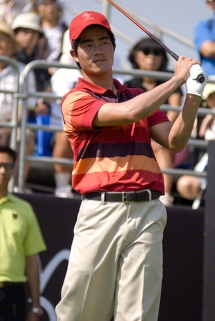 Chinese professional golfer Liang Wen-chong preparing to drive at the start of hole 1 during het last day of competition at the Royal Trophy Tournament which opposed Europe versus Asia at the Black Mountain Golf Club in Hua Hin, Thailand, on January 9, 20のeditorial素材
