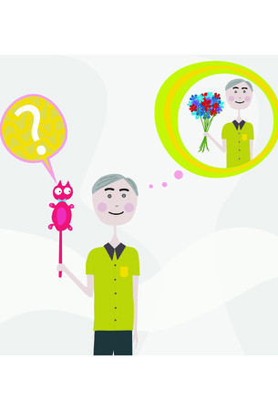 A vector image of an old absent minded man confusing a cat for a bouquet of flowersのイラスト素材