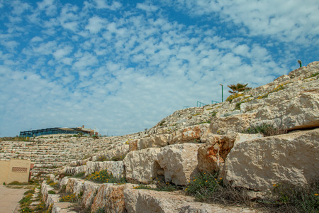 Sunny Mediterranean coastline with blue sky and some cloudsの写真素材