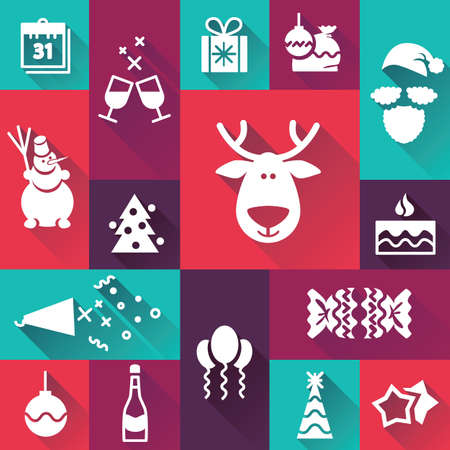 Happy New Year icons with long shadow on colour backgroundのイラスト素材