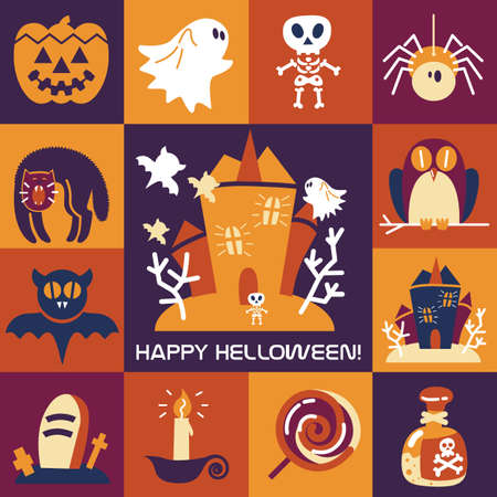 Halloween symbols collection vector funny flat iconsのイラスト素材