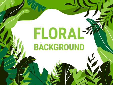 Vector botanical background with tropical leaves on white. Design for cosmetics, spa, health care products, travel company. Can be used as summer backgroundのイラスト素材