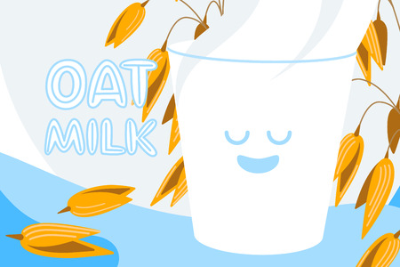 Realistic oat bunch, yellow sereals for backery, flour production design. Vector wheat ears spikelets with grains in milk splash. Whole stalks, organic vegetarian food packaging element illustration.のイラスト素材