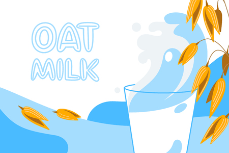 Realistic oat bunch, yellow sereals for backery, flour production design. Vector wheat ears spikelets with grains in milk splash. Whole stalks, organic vegetarian food packaging element illustration.のイラスト素材