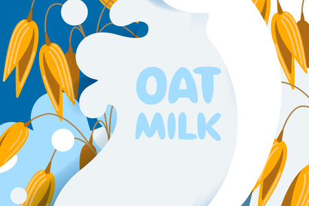 Realistic oat bunch, yellow sereals for backery, flour production design. Vector wheat ears spikelets with grains in milk splash. Whole stalks, organic vegetarian food packaging element illustration.のイラスト素材