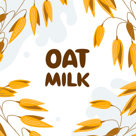 Realistic oat bunch, yellow sereals for backery, flour production design. Vector wheat ears spikelets with grains in milk splash. Whole stalks, organic vegetarian food packaging element illustration.のイラスト素材