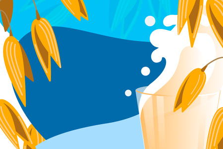 Realistic oat bunch, yellow sereals for backery, flour production design. Vector wheat ears spikelets with grains in milk splash. Whole stalks, organic vegetarian food packaging element illustration.のイラスト素材