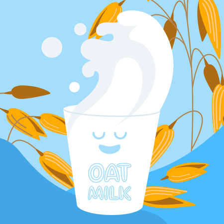 Realistic oat bunch, yellow sereals for backery, flour production design. Vector wheat ears spikelets with grains in milk splash. Whole stalks, organic vegetarian food packaging element illustration.のイラスト素材