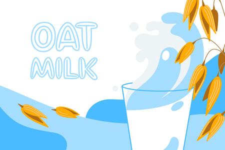 Realistic oat bunch, yellow sereals for backery, flour production design. Vector wheat ears spikelets with grains in milk splash. Whole stalks, organic vegetarian food packaging element illustration.のイラスト素材