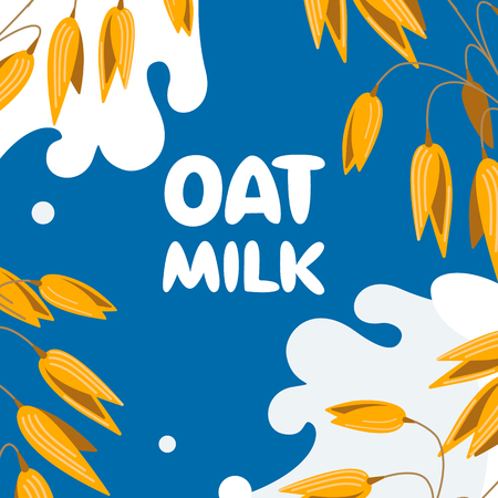 Realistic oat bunch, yellow sereals for backery, flour production design. Vector wheat ears spikelets with grains in milk splash. Whole stalks, organic vegetarian food packaging element illustration.のイラスト素材